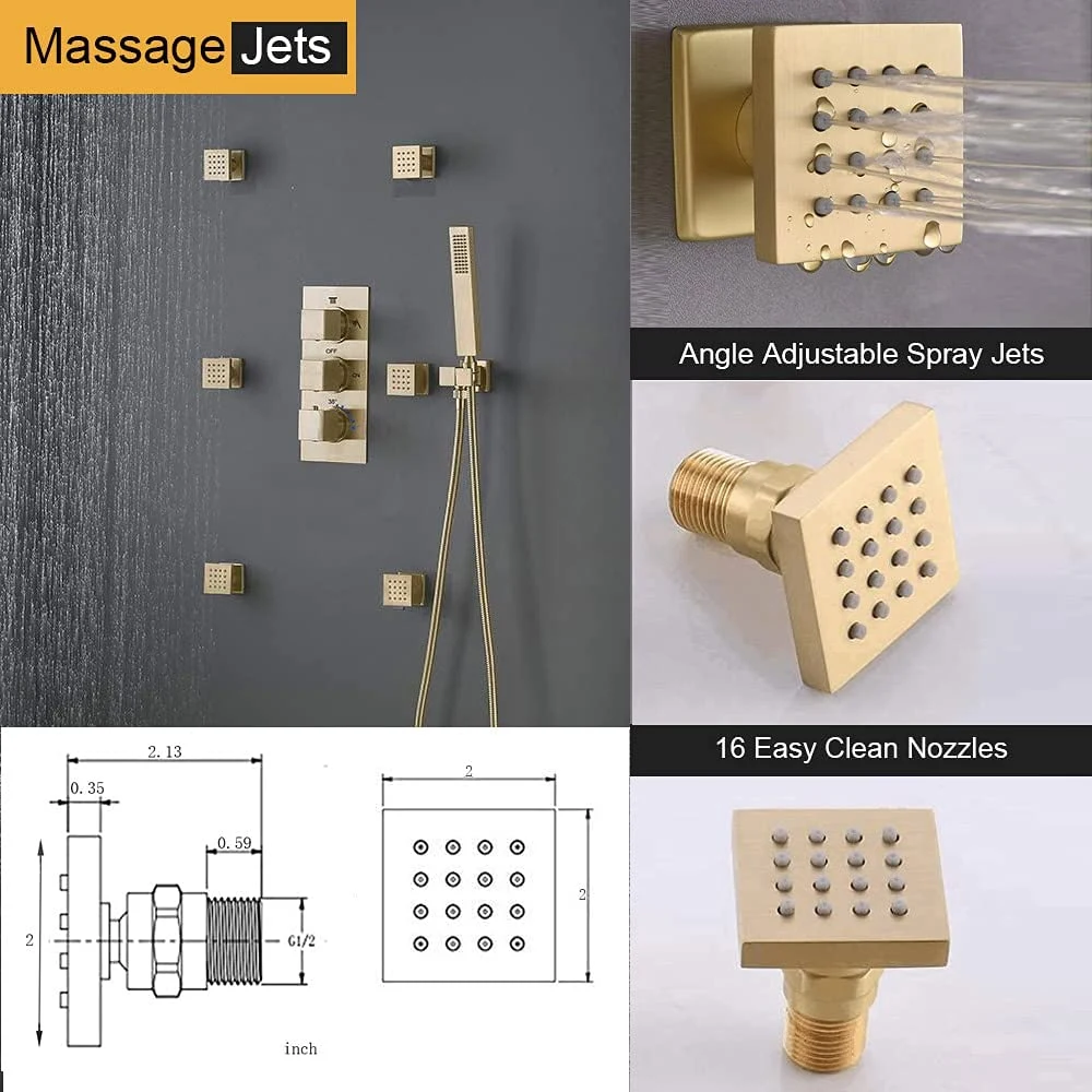 Sistema de ducha de lluvia de Oro Pulido - Plaza de techo de la cabeza con spray de mano de la lluvia y varios chorros de masaje de cuerpo completo kit de válvula de latón termostática