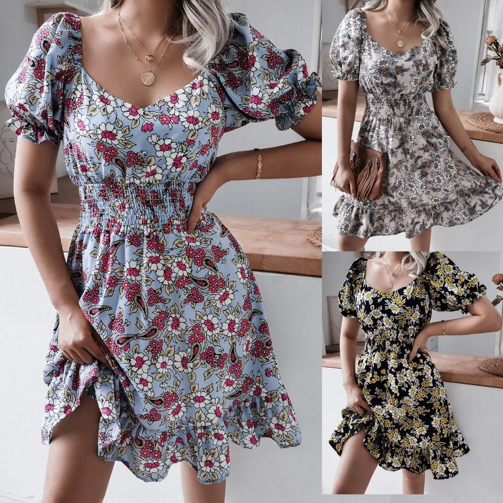 Summer New European e American casual Square Collar Lantern Sleeve Vestido floral casual independente Station Cross-border Women's Wear