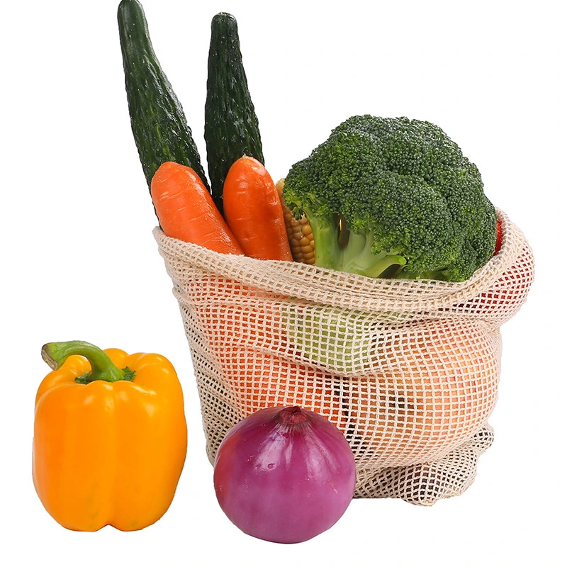 La fruta orgánica vegetal de malla de algodón natural Net bolsas con cordón ajustable