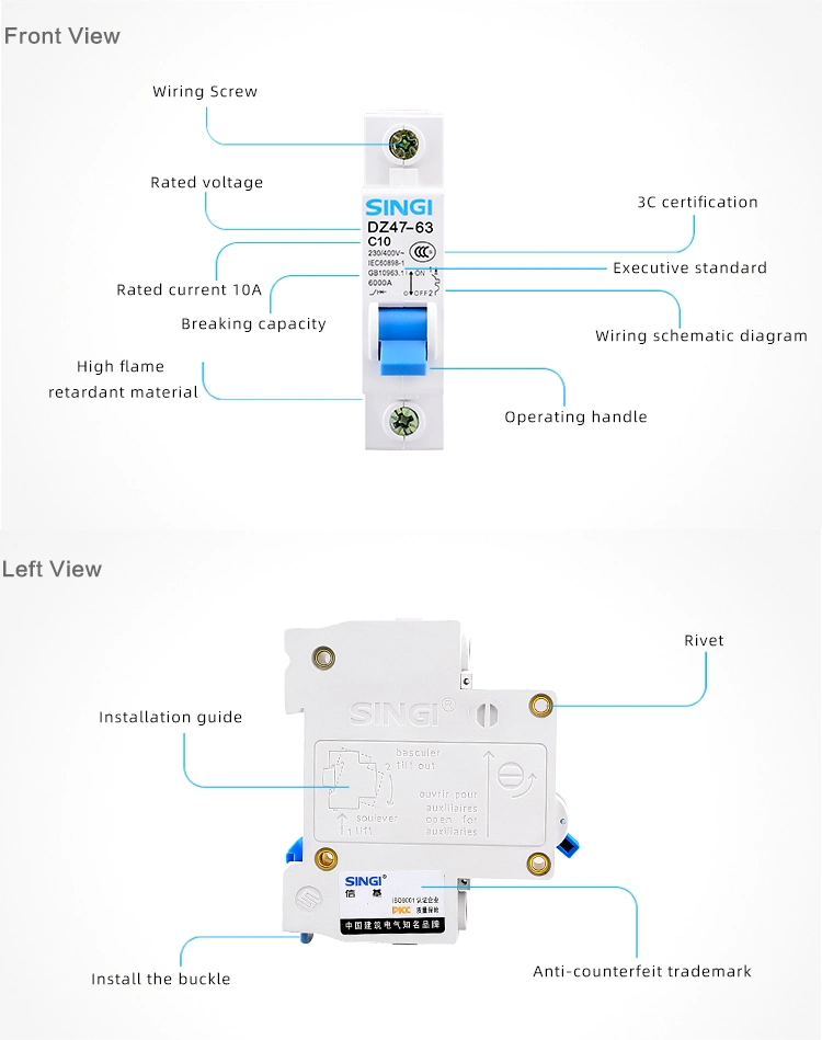 Overcurrent Protection Electronic Electrical Single Phase MCB Current Miniature Circuit Breaker with CB Manufacture Dz47-63