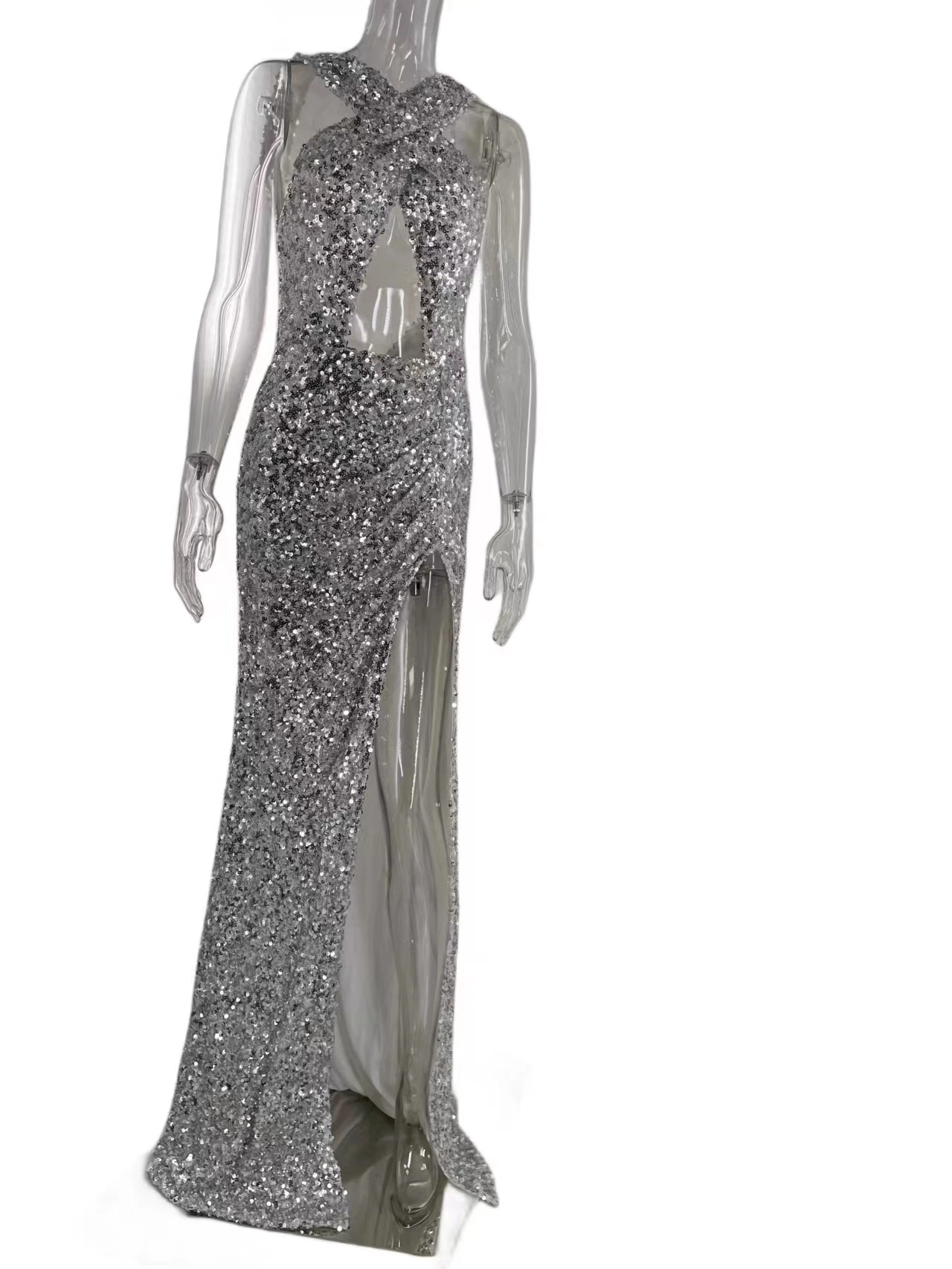 Silver Women's Split Backless Evening Dress Lady Fashion Sexy Long Party Gown