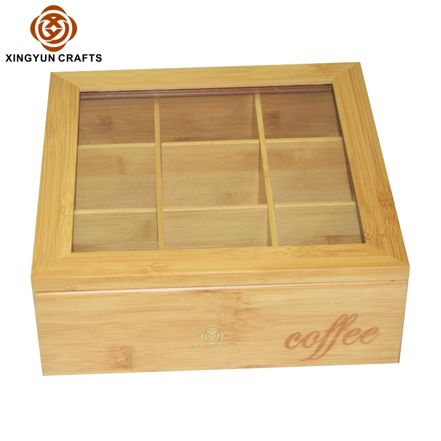 Personalizar el té de bambú Cuadro madera Cuadro de paquete de café de embalajes de madera Caja con ventana de cristal