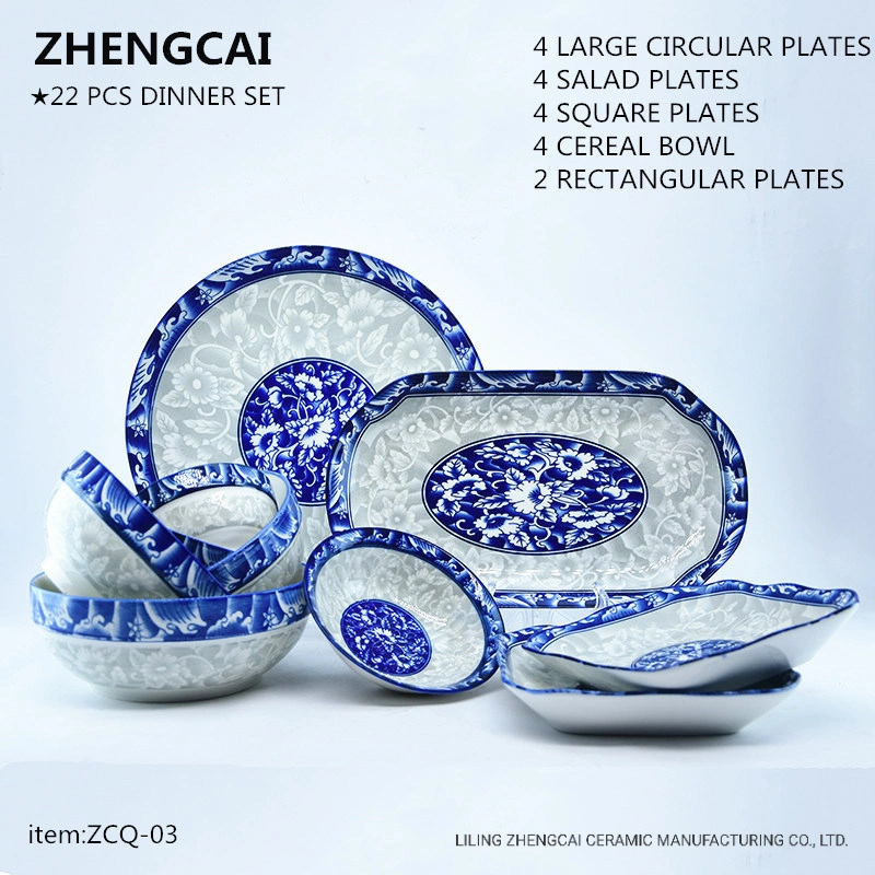 Wholesale Blue and White Porcelain Tableware Custom Logo Pattern Ceramic Dinner Set