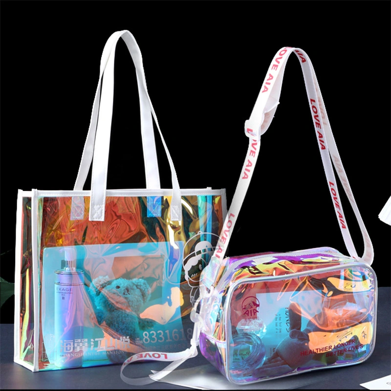 Wholesale Custom Rainbow Laser Holographic Iridescent Jelly Clear PVC Tote Bag (Factory price)
