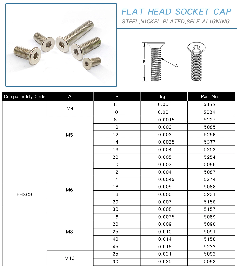 Steel M5X8 Flat Head Socket Cap Screw Bolt for Aluminium Profile