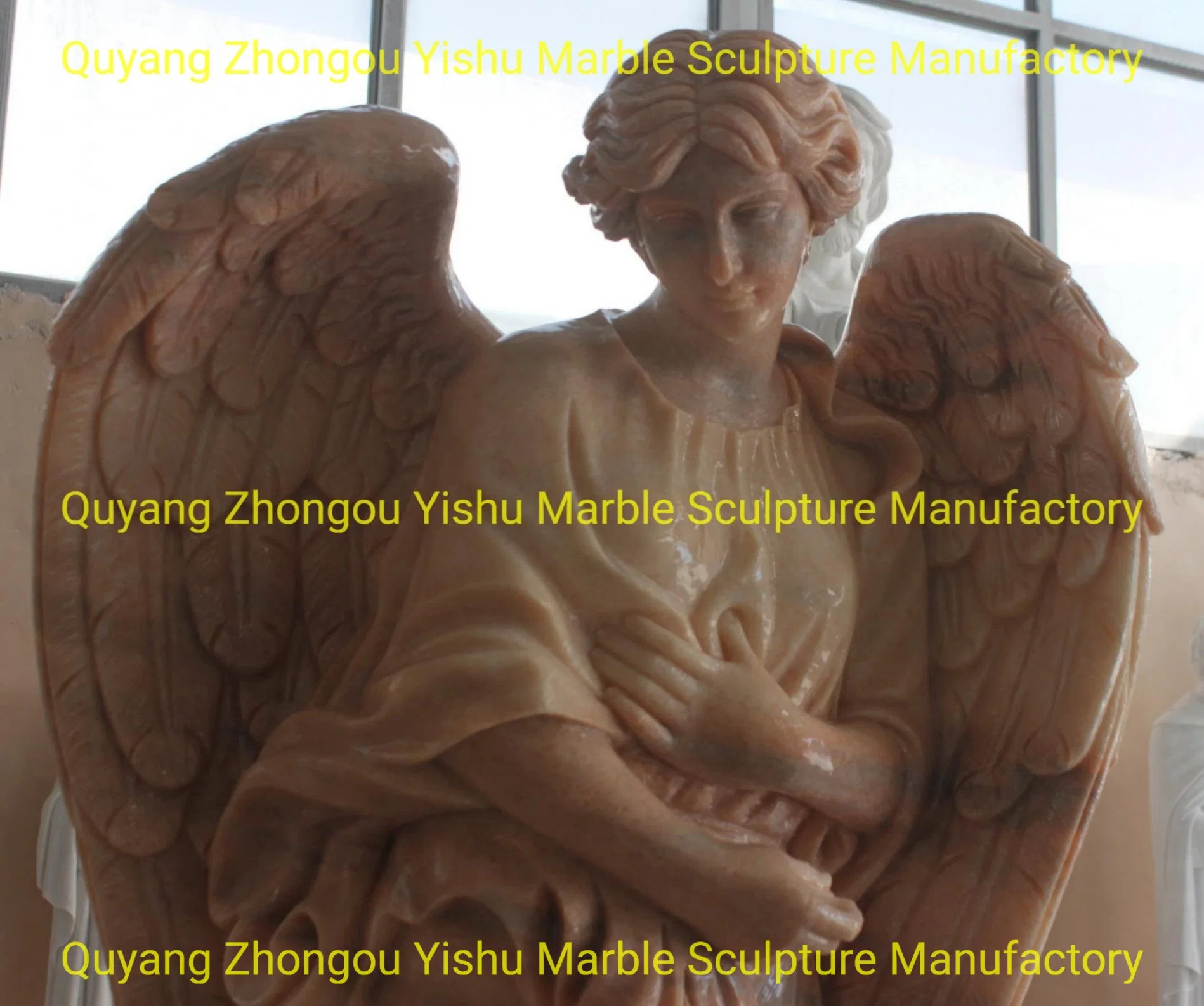 a Pair of Sunglow Marble Angel Sculpture Standing for Memorial