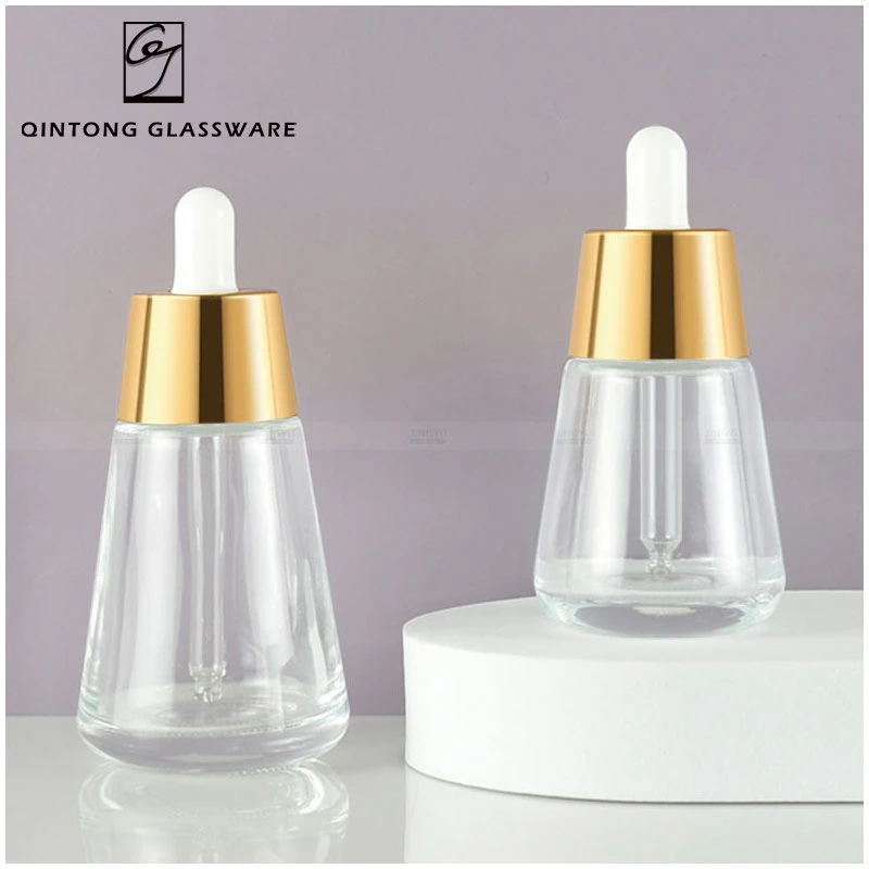 Customized New Design 50ml Transparent Fragrance Cosmetics Packaging Perfume Glass Essential Oil Bottle with Aluminum Dropper