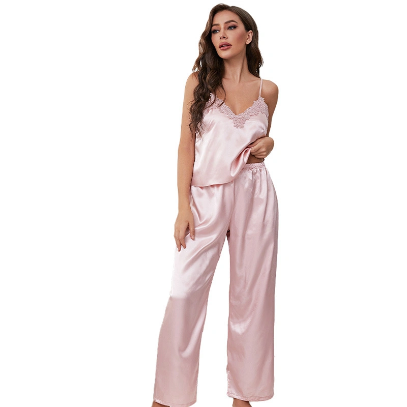 Seda Fellings Satin Sleeveless pijama largo manga suave PJs conjunto Ropa para dormir de dos piezas con botón