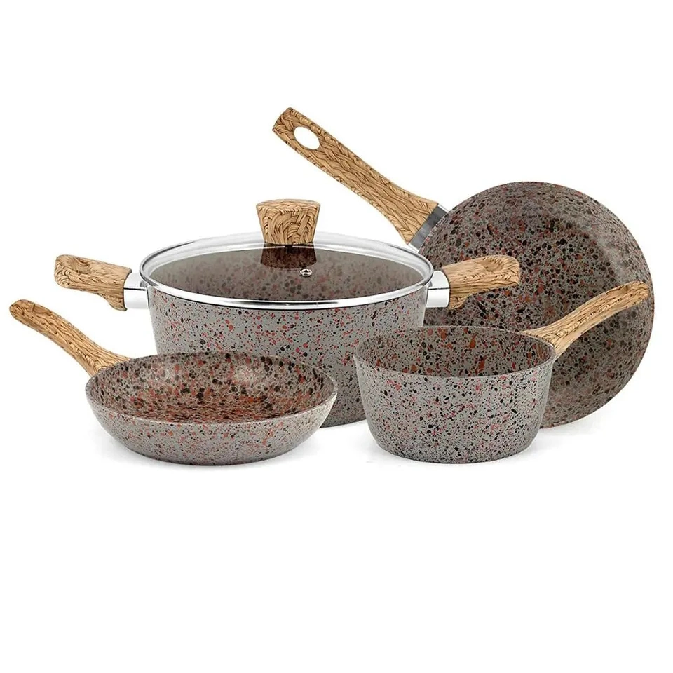 OEM de la fábrica de aluminio en color de piedra de granito Non-Stick conjunto de utensilios de cocina casera ecológica Pot cazuela con mango de madera