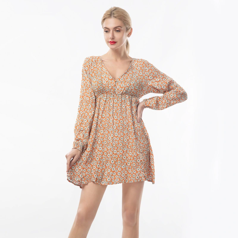 Dulce casual con cuello en V La viscosa de papel crepé ropa de mujer impreso Daisy Dress