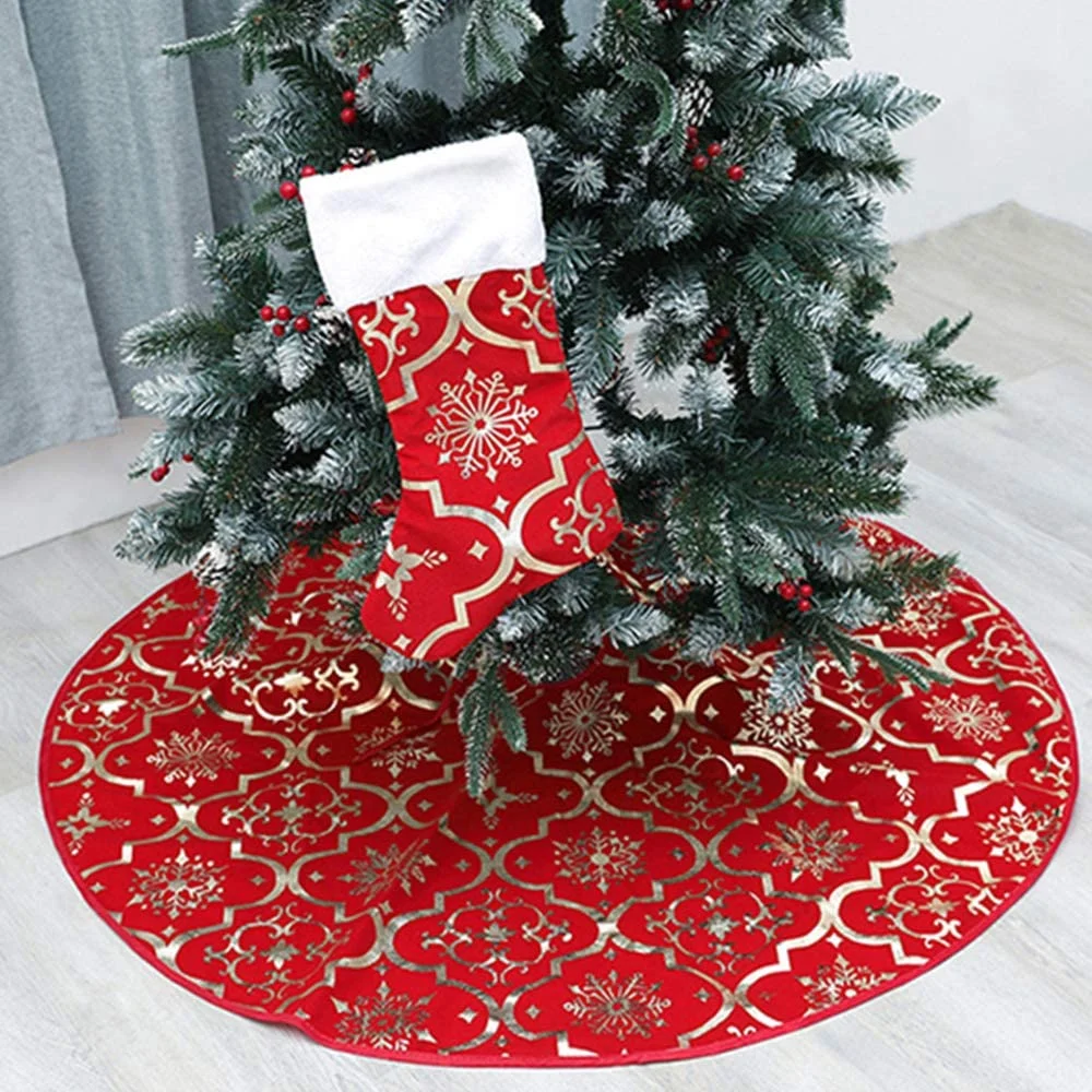 Luxury Red/Gold Gilded Large Xmas Tree Skirts with Merry Christmas Stocking for Happy New Year Party Holiday Decorations Ornaments