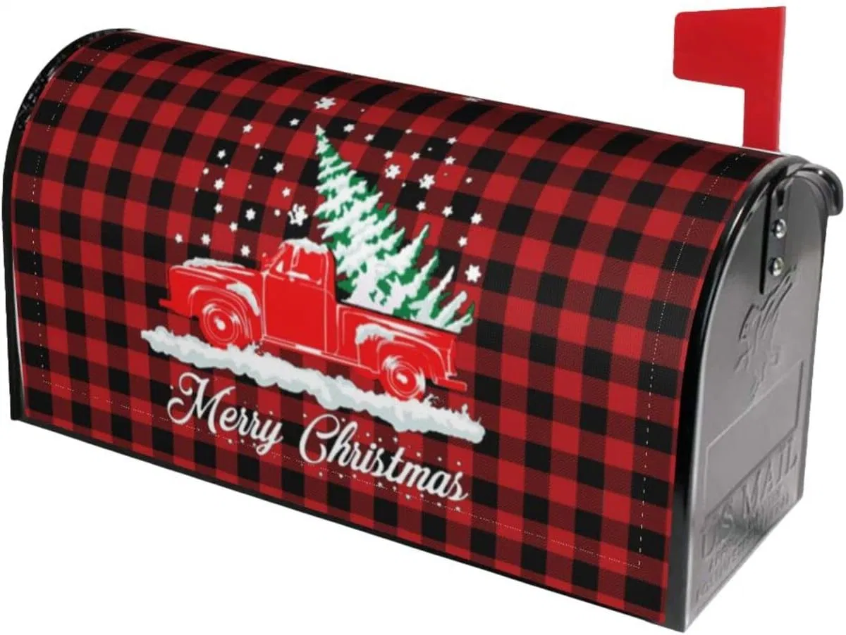 Magnetic Mailbox Cover Merry Christmas Red Buffalo Plaid Truck Mailbox Wraps Post Letter Box Cover Standard Size 18" X 21" for Welcome Home Garden Yard Decor