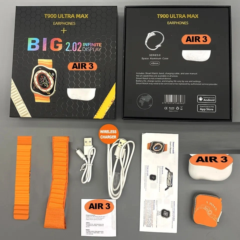 2 في 1 T900 Ultra Max SmartWatch وEarphones 2.02 شحن لاسلكي فائق فائق الجودة من شاشة كبيرة T900