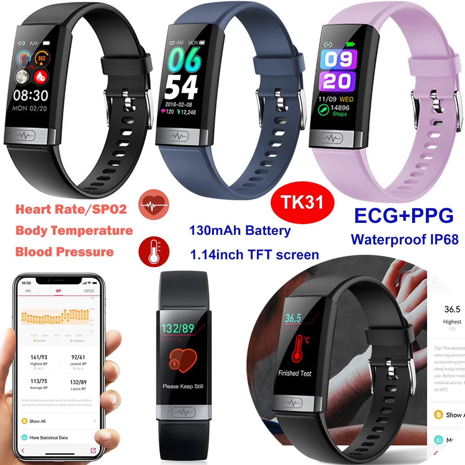 2023 novo ECG PPG Heart Rate Blood Sugar Body Temperature (temperatura corporal do açúcar no sangue de frequência cardíaca P Relógio Bluetooth inteligente desportivo à prova de água IP68 TK31