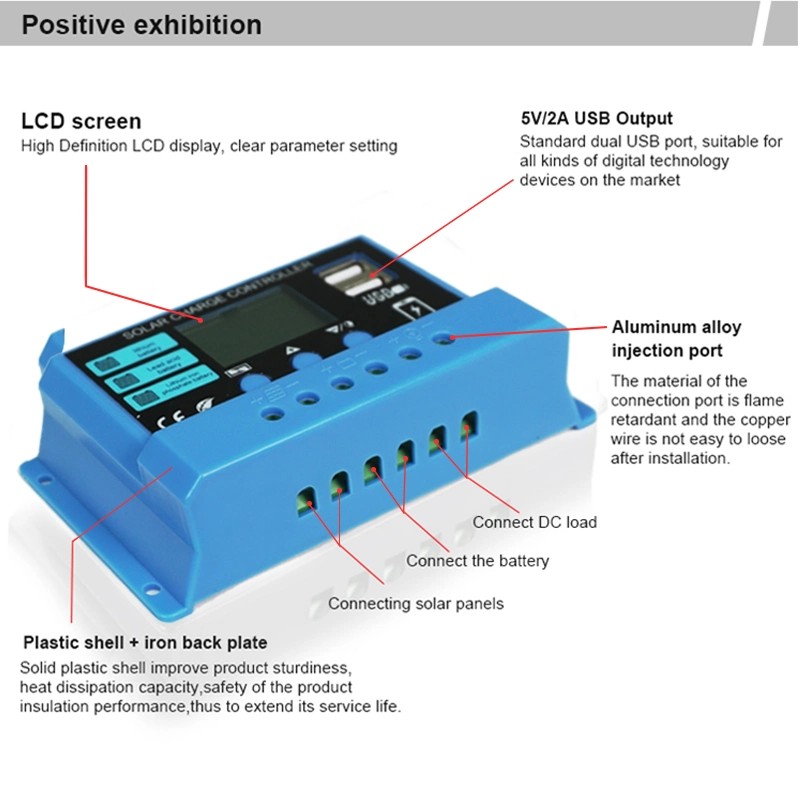 PWM 10A 20A 30A Solar Power Regulator 12V 24V Auto Dual USB LCD Display Load Discharger Solar Charger Controller