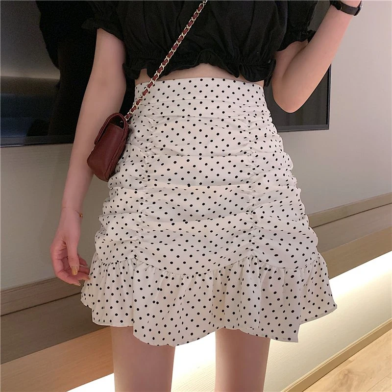 Customized Hot Sell Wholesale/Supplier New Design DOT Printing Pleated Laterals Irregular Hem Girl Skirt