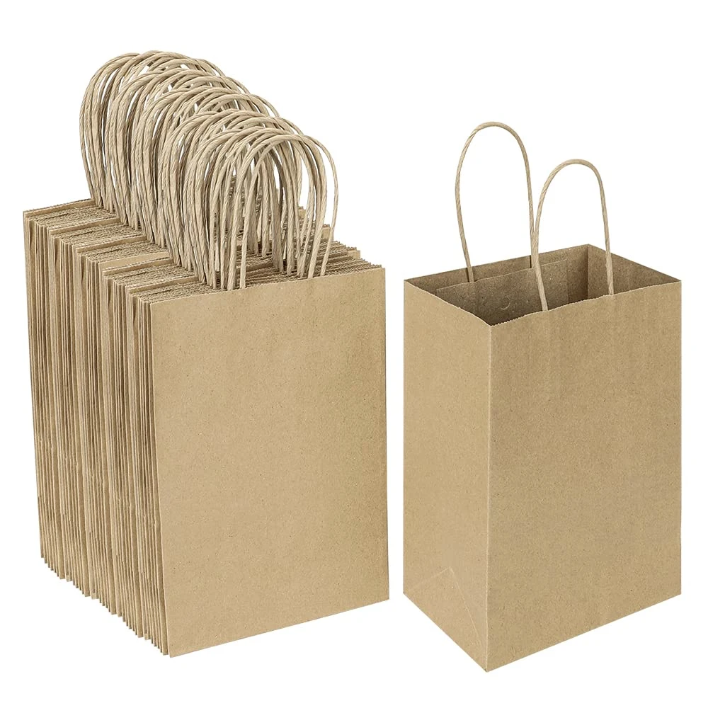 Llanura pequeñas bolsas de regalo papel natural con asas a granel, bolsas Kraft para cumpleaños Cotillón Tiendas de Comestibles bolsas Goody de negocios