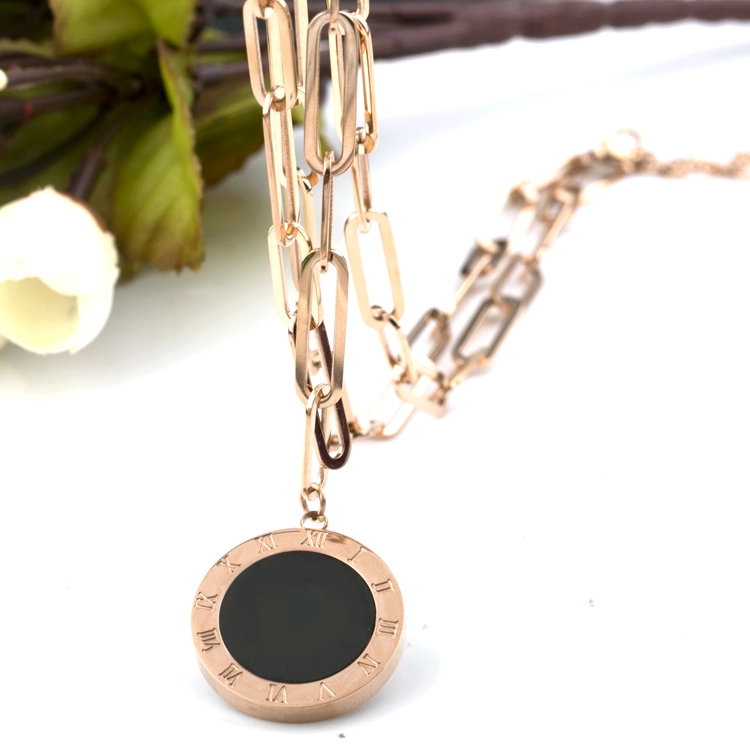 Long Necklace Fashion Costume Jewelry Stainless Steel Black Shell Pendant