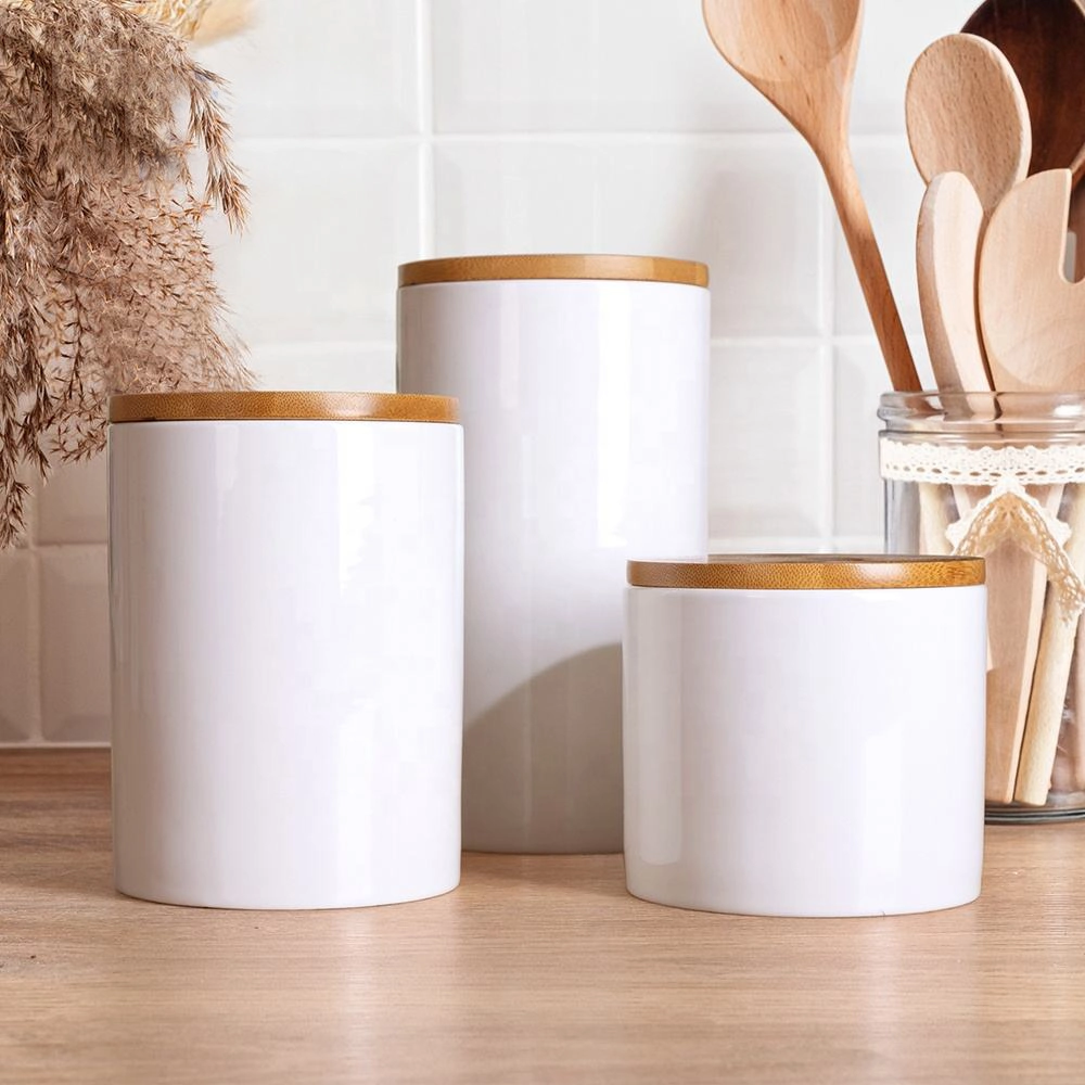 Wholesale Custom 16oz 25oz 30oz Sublimation Blanks Ceramic Food Kitchen Containers Ceramic Storage Jars with Bamboo Lid