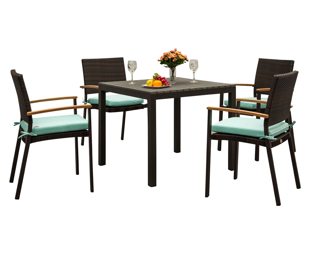 Popular Modern Outdoor Courtyard Home Aluminum Frame Weaving Vine Craft Teak Armrest Dining Chair Table Set