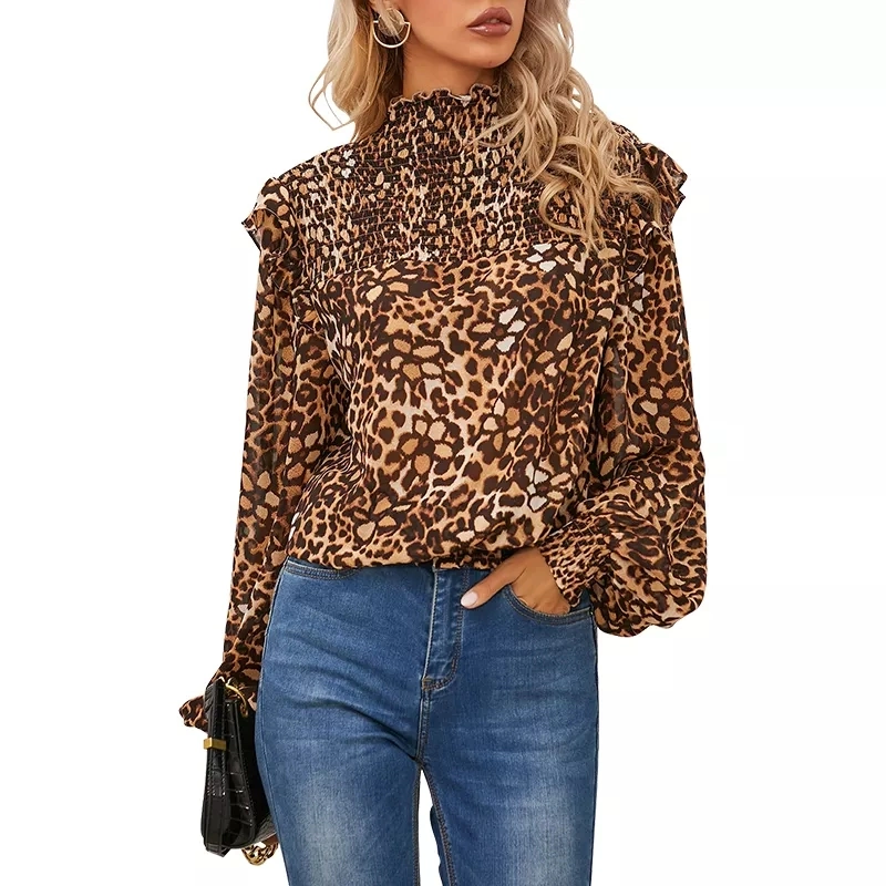 Leopard Printing Frauen Bluse Shirt Langarm Langarm Office Lady Langärmeliges Oberteil Mit Frühling-Chiffon