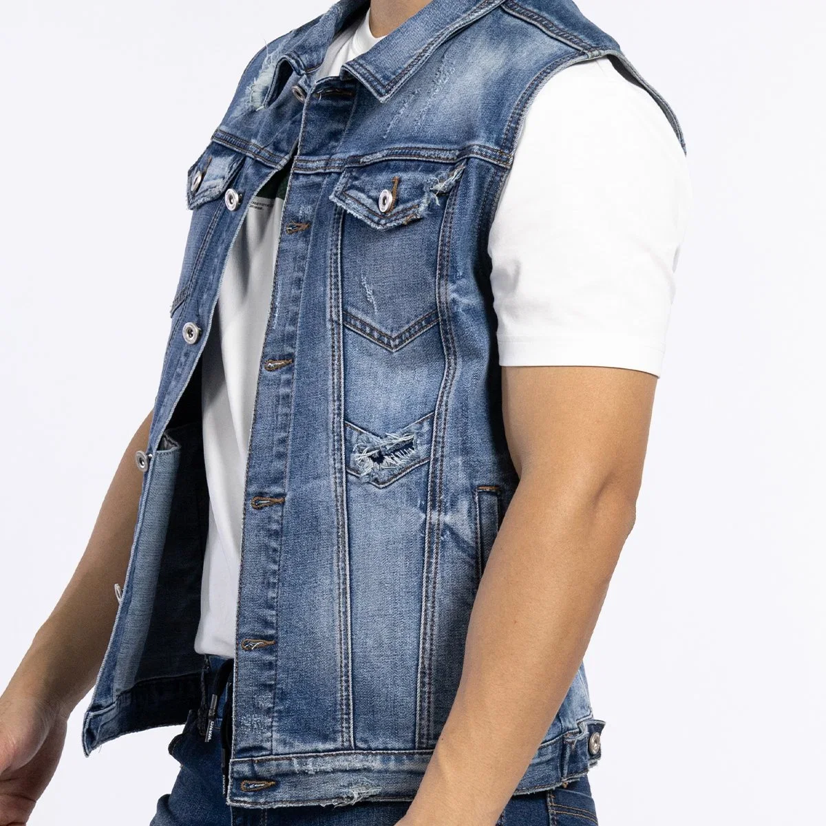 Custom Fashion Collar Down Embroidery Back Vest Pocket Men Sleeveless Denim Jacket