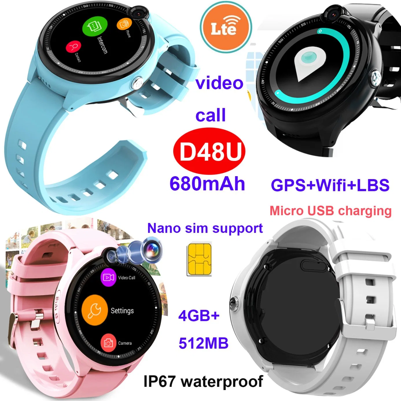 Nueva desarrollado Top 4G niños niñas Video llamada ronda precisa Pantalla inteligente Teléfono niños SOS GPS Tracker Watch for Evitar el secuestro D48U