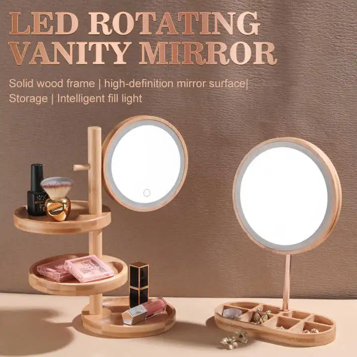 Miroir de fonction CosmeticStorage LED en bois de bambou
