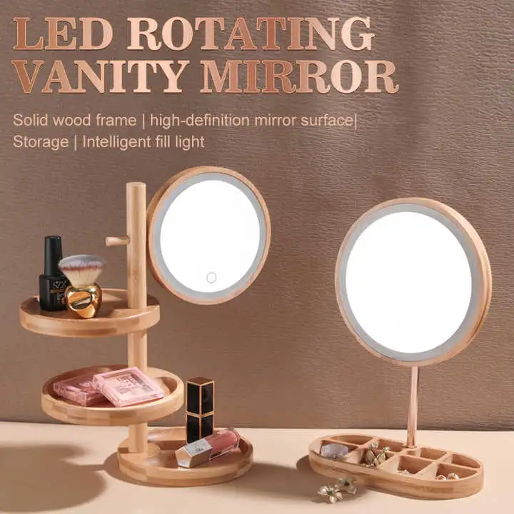 Bamboo Wood LED Cosmeticstorage Function Mirror