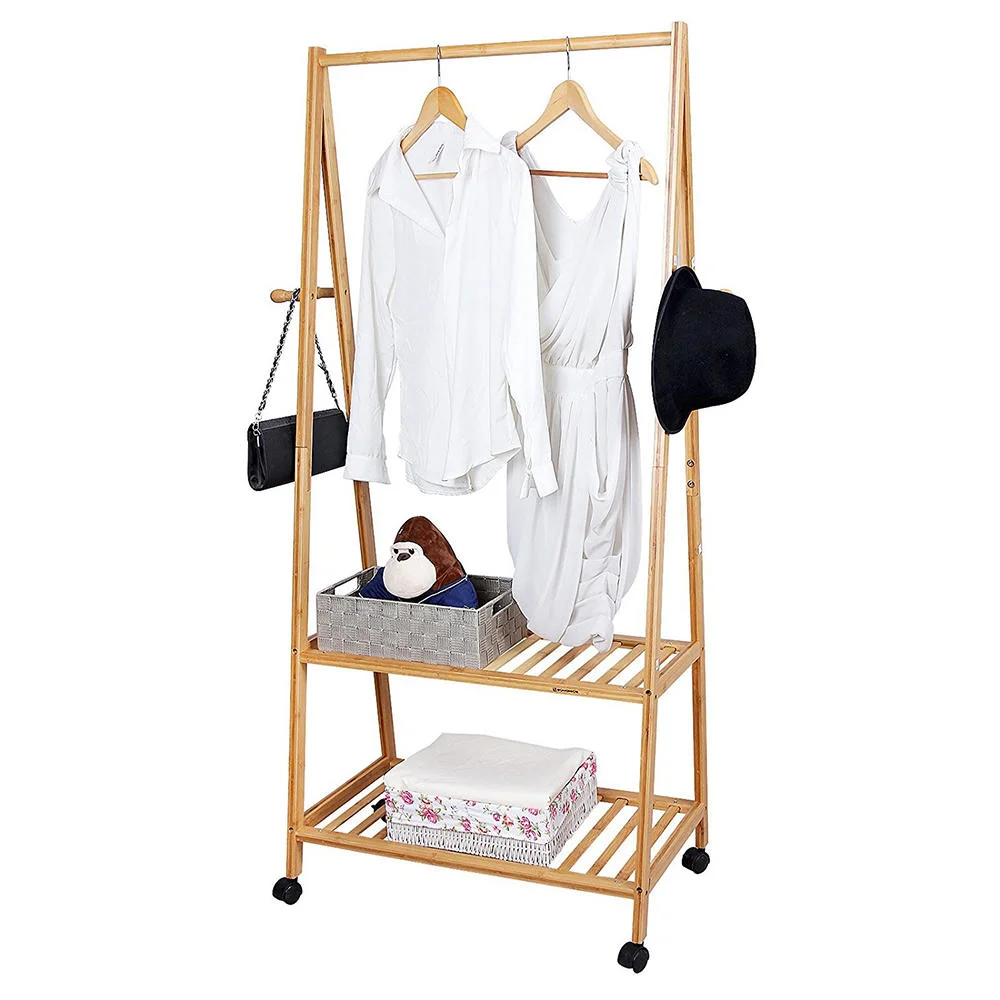 Ropa de bambú color natural Servicio de lavandería Rack con patín inferior Estante para espacio de almacenamiento extra Soporte de prendas de vestir