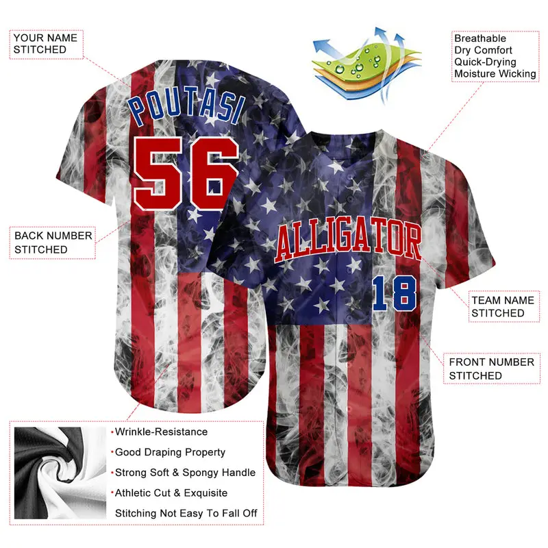 Factory Top Supplier Custom Teamwear White Red-Royal 3D American Flag Fashion Authentic Baseball Jersey Breathable Short Sleeve Soccer Shirts Tops