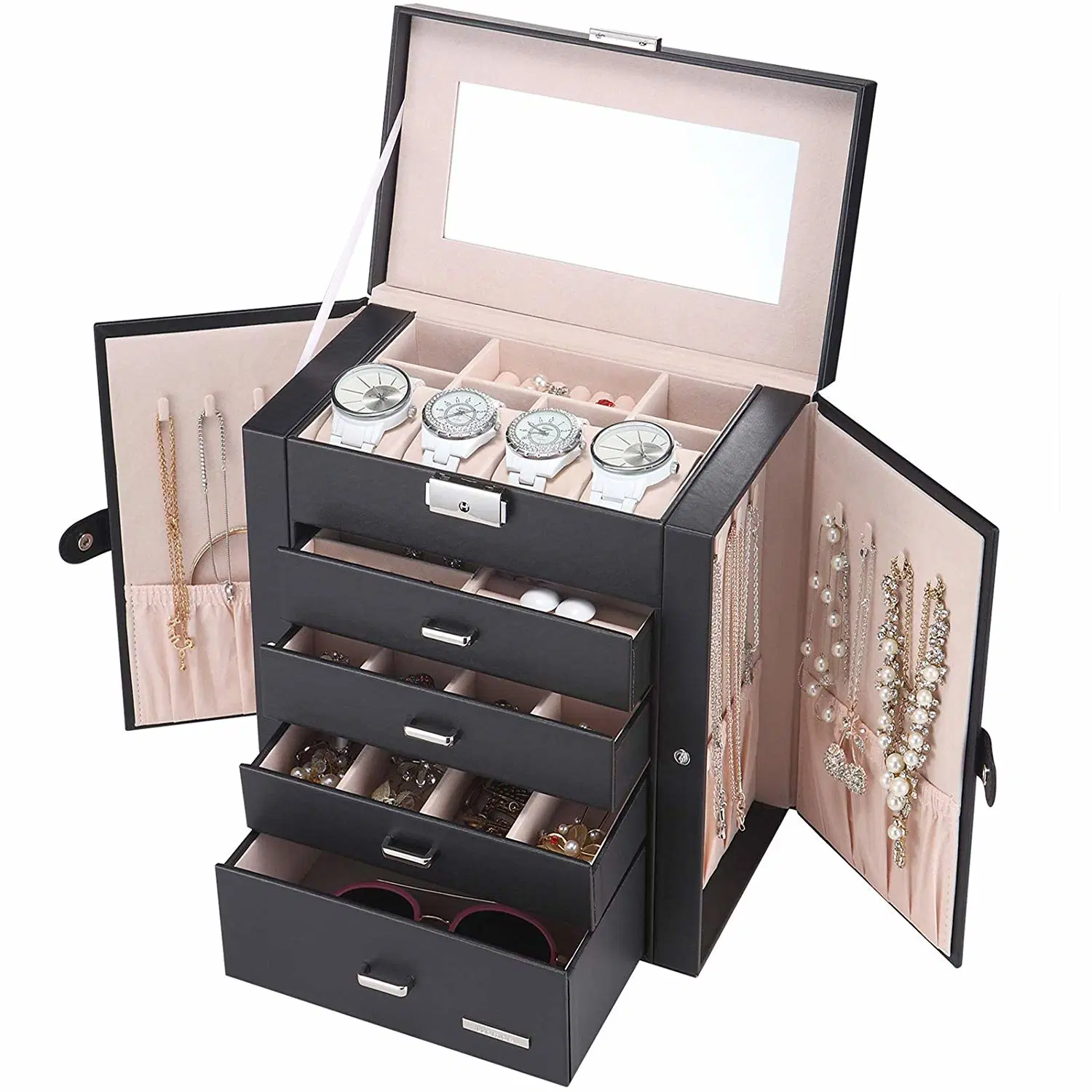 Schwarz Weiß OEM Reise Schmuck Box Organizer Faltbarer eleganter Schmuck Aufbewahrungskoffer