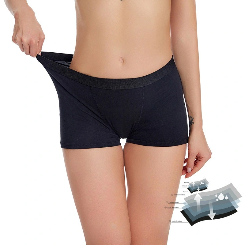 Bolihong período OEM de algodão orgânico Boyshort reutilizável 4 camada à prova de vazamentos Boxer de fluxo pesado Disgrable Bamboo Bragas Pantas menstruais do desporto