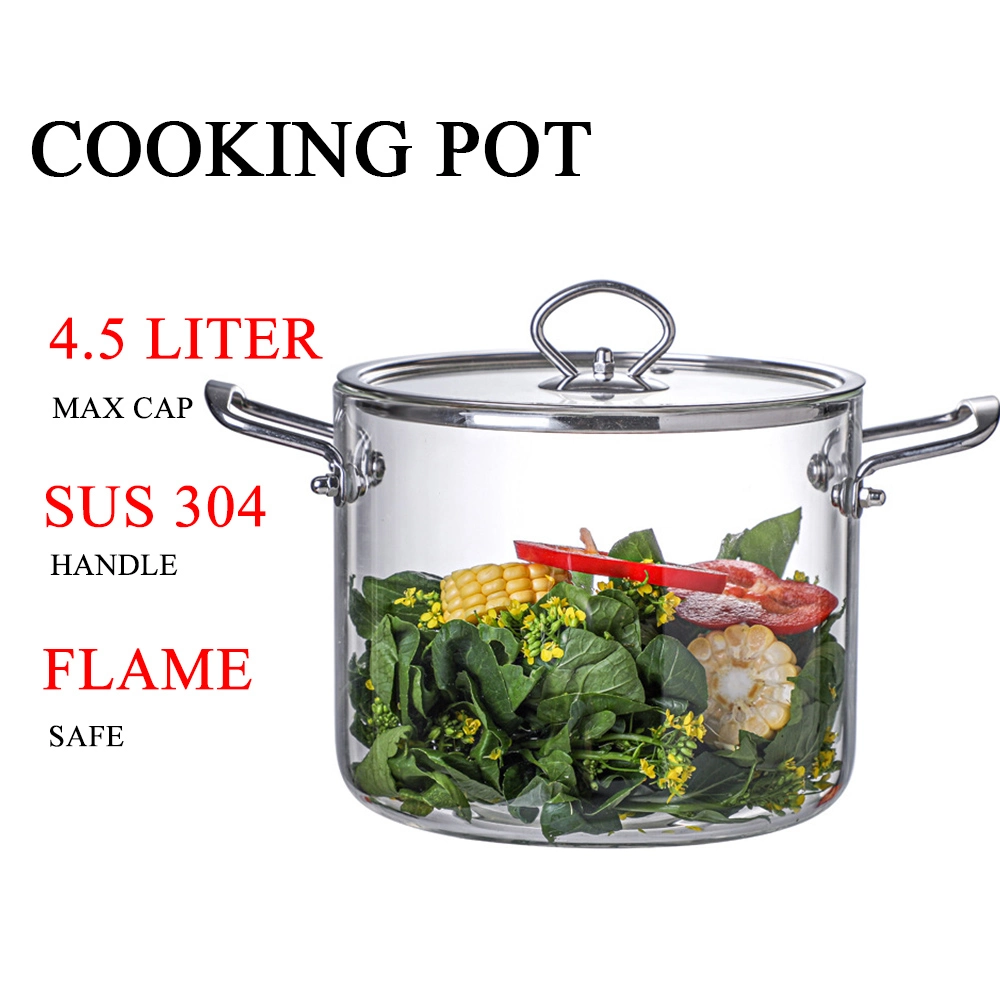 High Borosilicate Large Size 5L Glass Housewares Cookware with Stainless Steel Double-Ear Pyrex Glass Soup Noodle Cooking Pot Direct Fire Use Not Broken