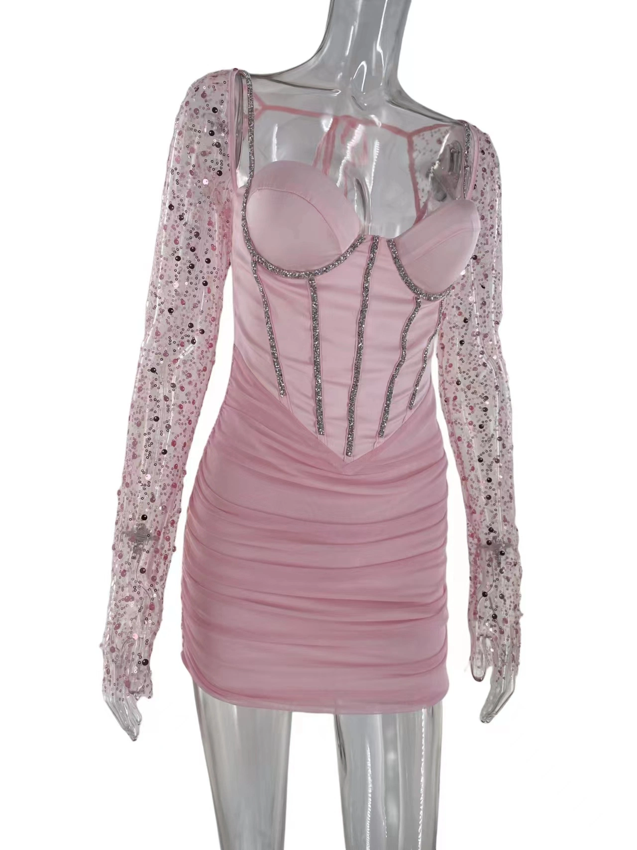 Розовый длинной втулки Sequin платье Flash-Sexy ремешок гофрированной Дамы платье