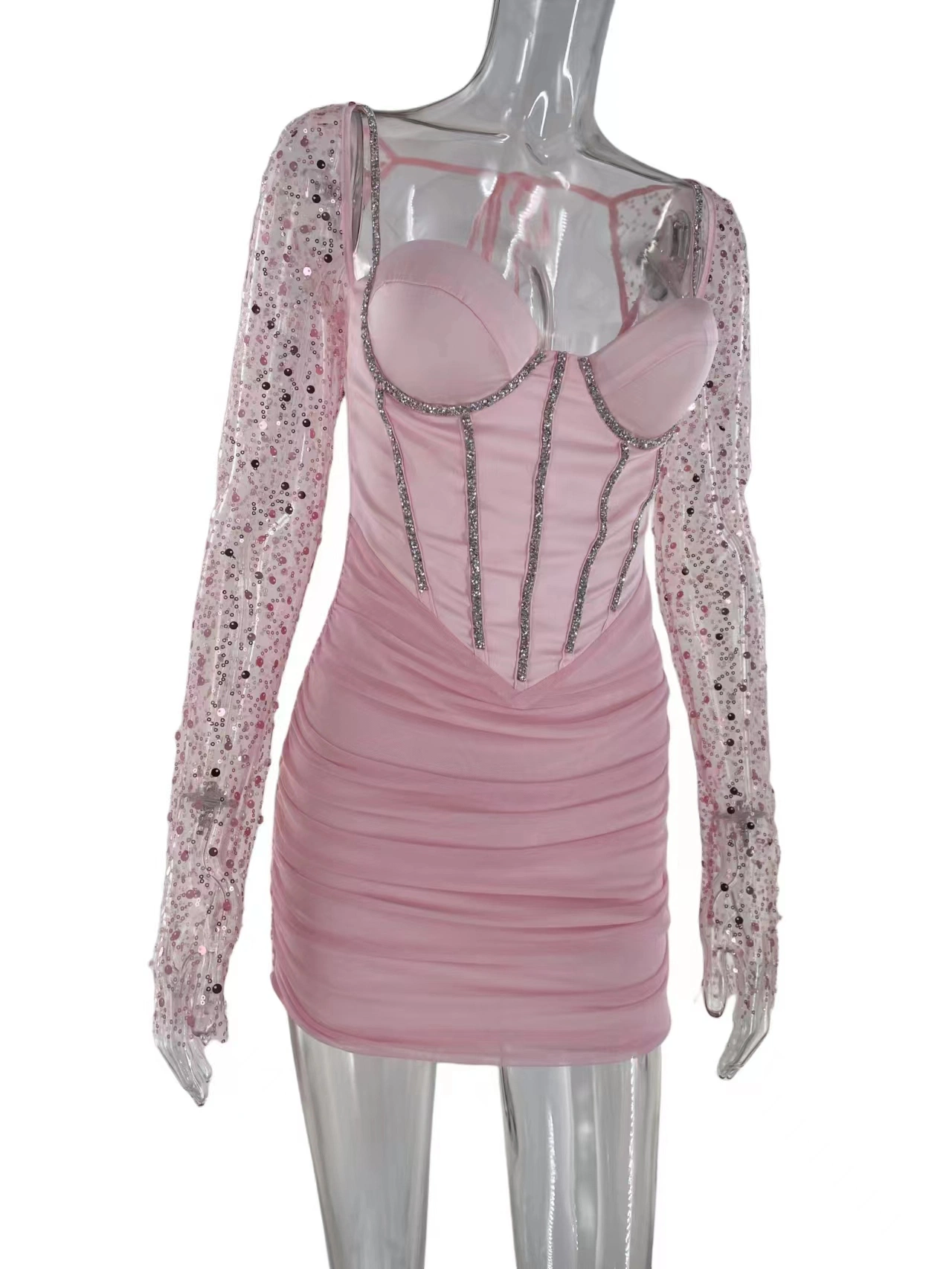 Pink Long Sleeve Sequin Dress Flash Party Sexy Strap Pleated Ladies Dress