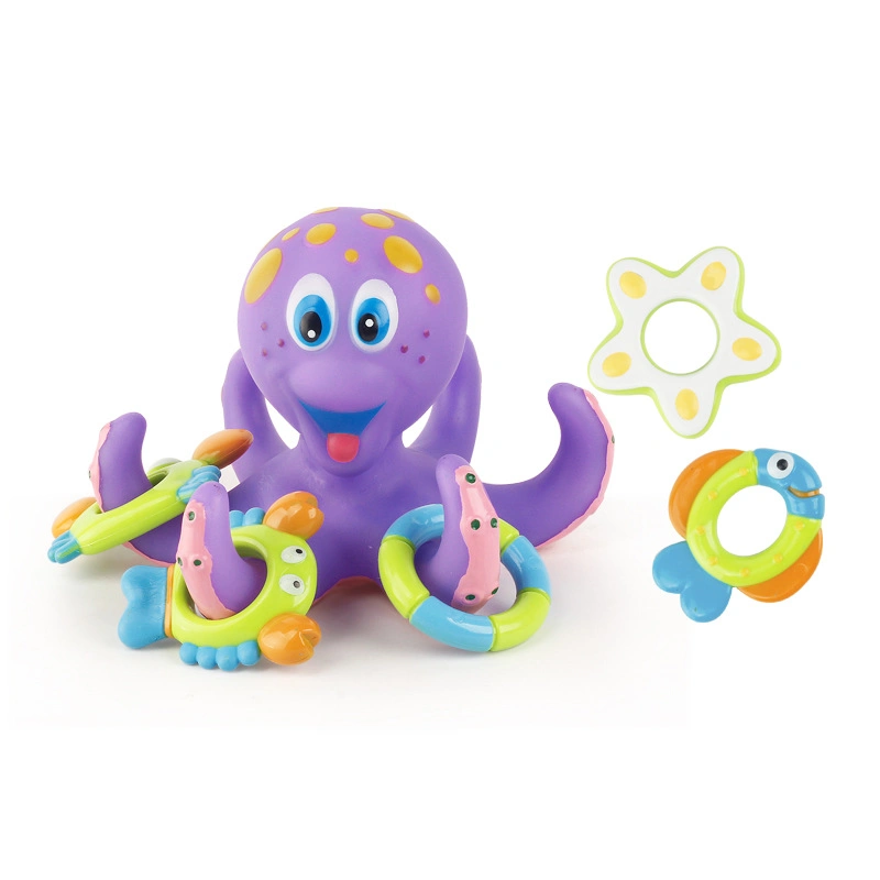 2022 Amazon Umweltfreundliche Schwimmende Lustige Cartoon Baby Badesoys Mit 5 Ringen Kunststoff Purple Bad Octopus Tier für Kinder