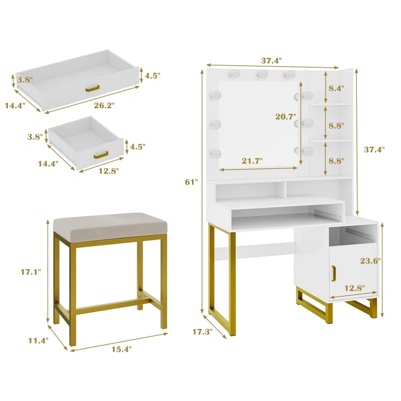 Dormitorio Madera moderna Muebles Blanco tocador tocador tocador Mesa Dresser Maquillaje Mesa de tocador con luces LED de espejo