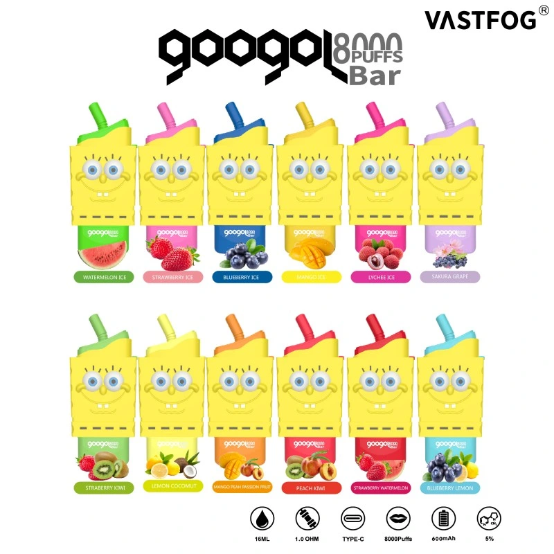 Em stock, por grosso, 8000 puff, bobina de malha recarregável, cassete descartável 5% de sabor a fruta, kit de bateria de 600 mAh VastFOG, com puffs Googol Bar