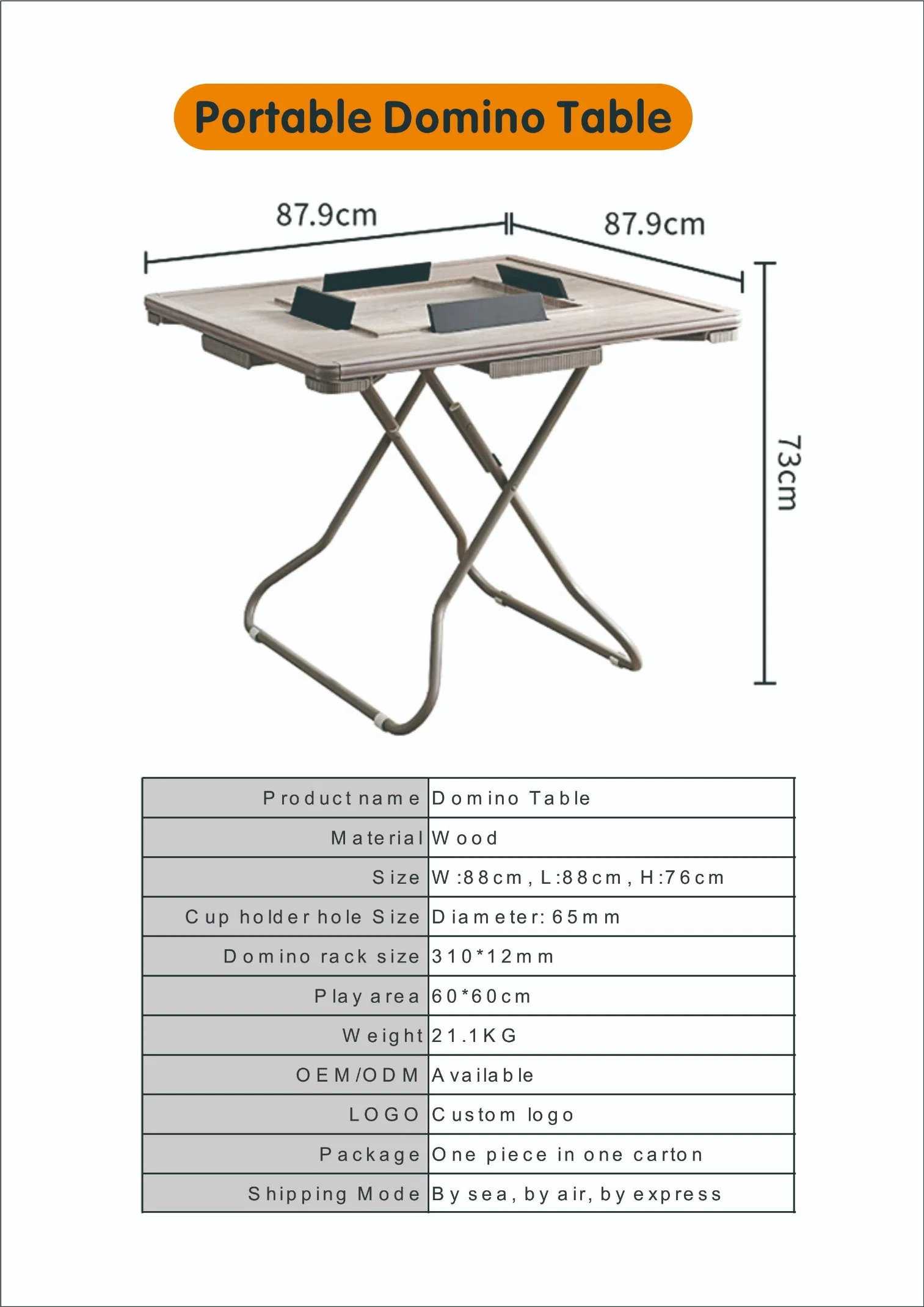 Moderner Holz quadratischer Domino Tisch mit klappbarem Bein aus Edelstahl