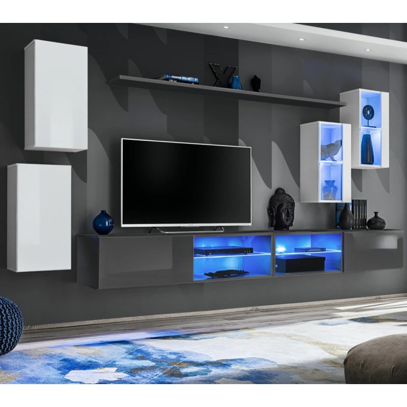 En la pared de almacenamiento High-Gloss modernos de madera Soporte de TV con coloridas luces LED