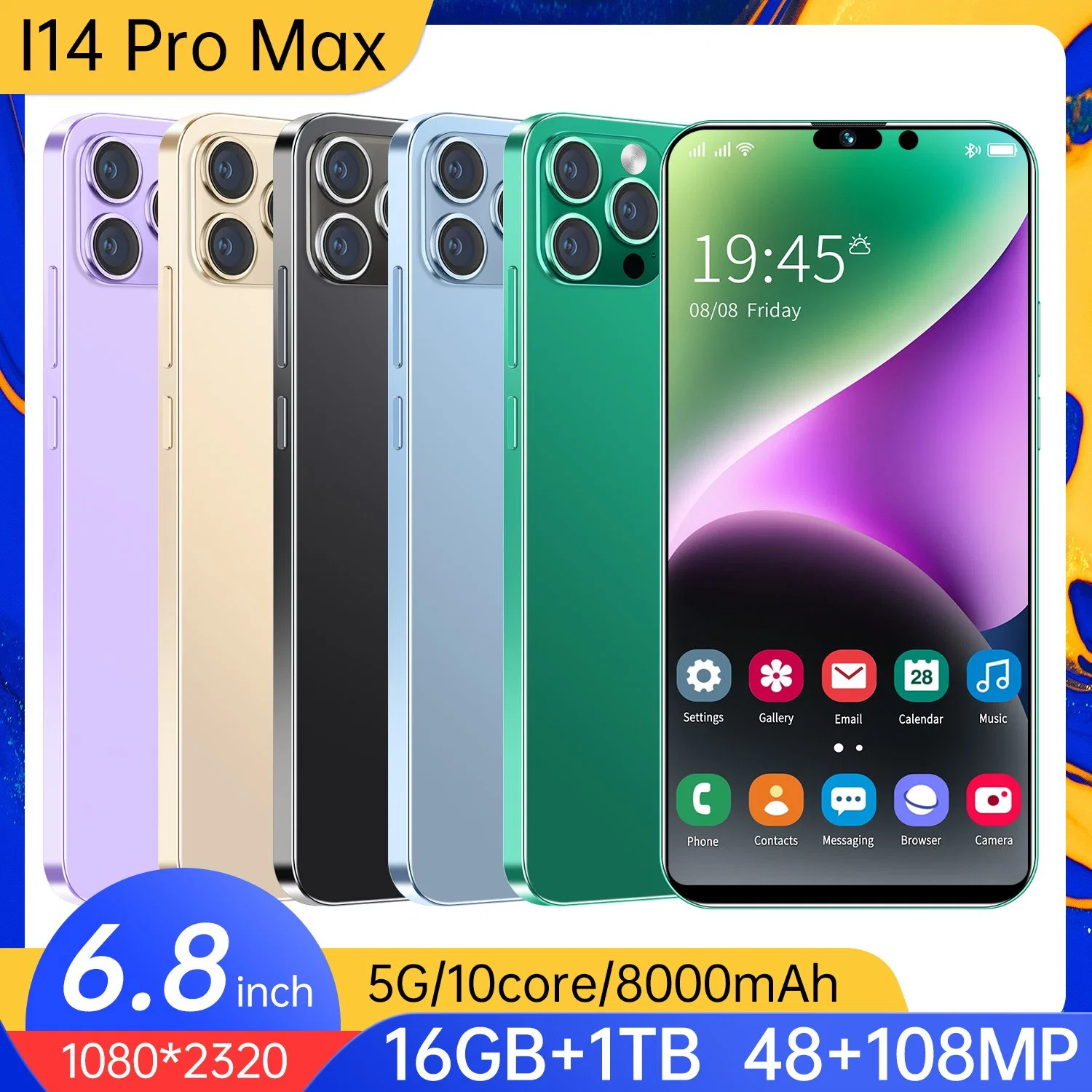 Dual SIM TF Card 16GB Android 12.0 System I14 PRO Max Cellphone Smartphone with 8000mAh