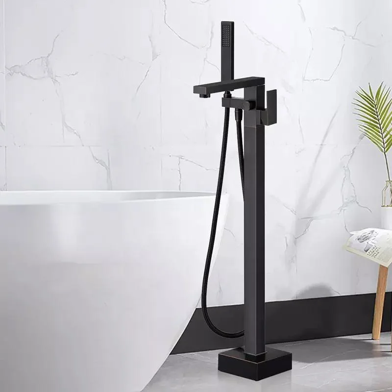 Matte Black Floor Mount Brass Single Handle Bathroom Faucets with Hand Shower Waterfall Tub Filler Freestanding Bathtub Faucet