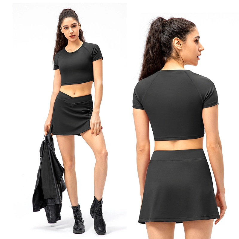 2PCS Cute Sexy Casual Summer Golf Tennis Skirt Set Running Clothing for Women, Short Sleeve Crop Top + Sports Skorts with Shorts Stylish Yoga Athletic Apparel