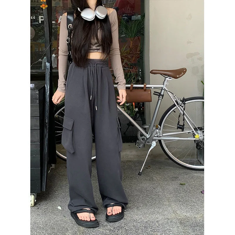 Retro Straight Wide Leg Pants Drawstring Multi-Pocket Athletic Sports Wear Pants Loose Street Cargo Pants