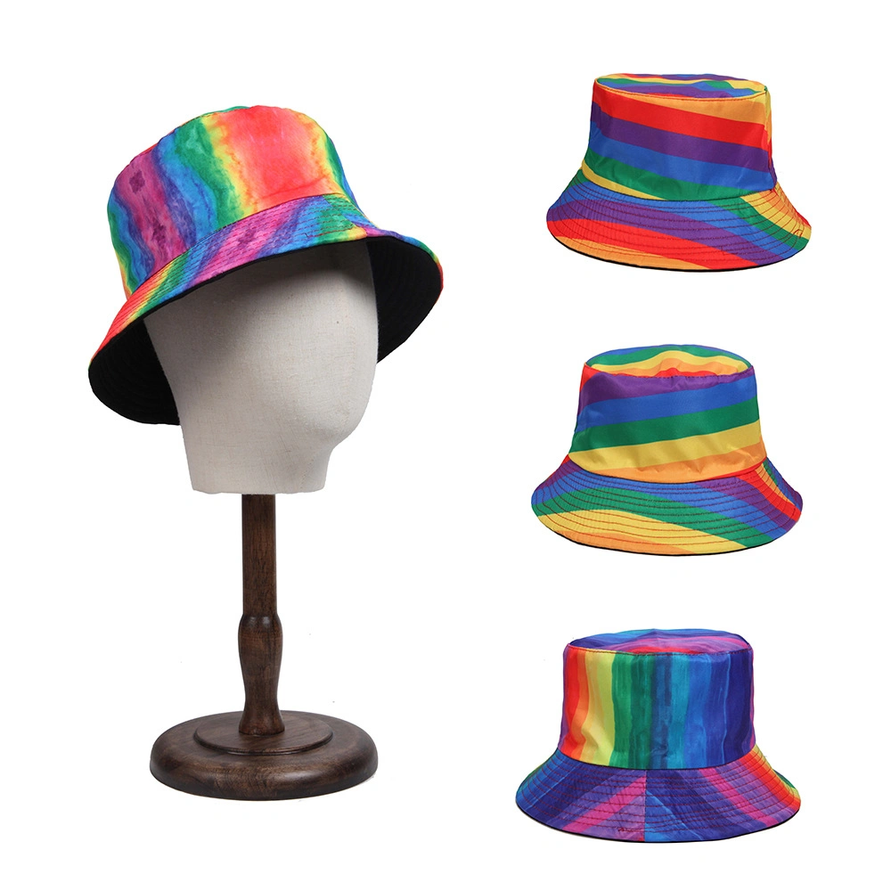 Whoelsale Low MOQ Fashion Rainbow Full Printing Customized Promotional Bucket Hat