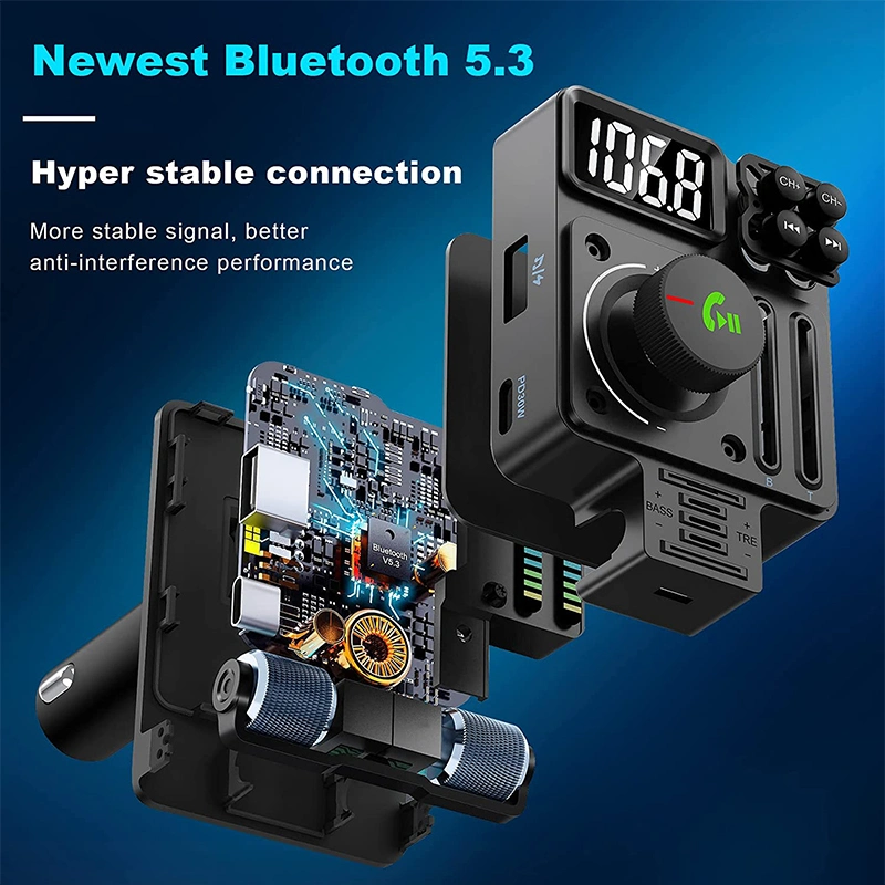 Bluetooth Car Adapter Bluetooth 5.3 FM Transmitter, Pd 30W Type C Fast Charge & USB Port, HiFi Treble & Bass Player, Color Screen & Music Light Bar