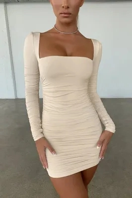 2022 Hot Sale Bodycon Long Sleeve Mini Dress in Oyster White Wholesal