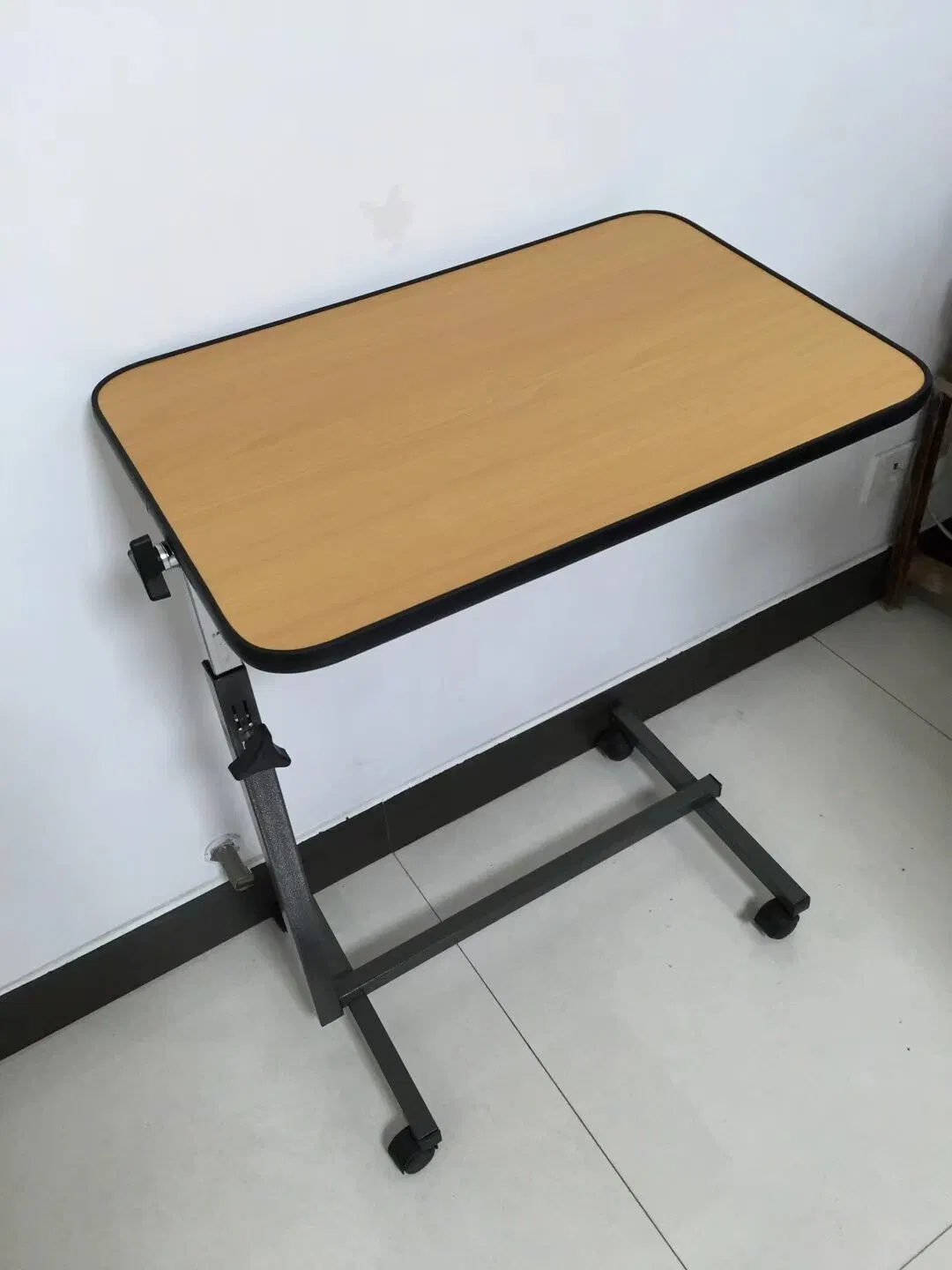 Wooden Adjustable Over Bed Table Hospital Overbed Table Swivel Top