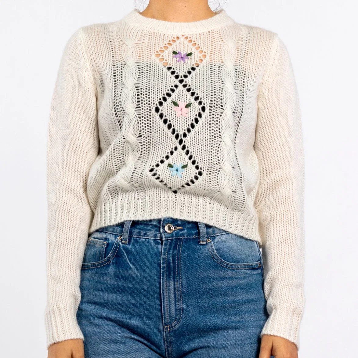 Женские летние вязаные круглые шейки Diamond Twist Hollow вышитые цветочные Пуловер белых свитеров
